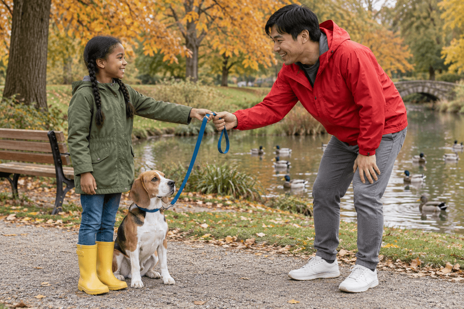 Next to the pond, a girl gives Kenji the dog's lead. The dog is sitting next to her and Kenji is smiling.